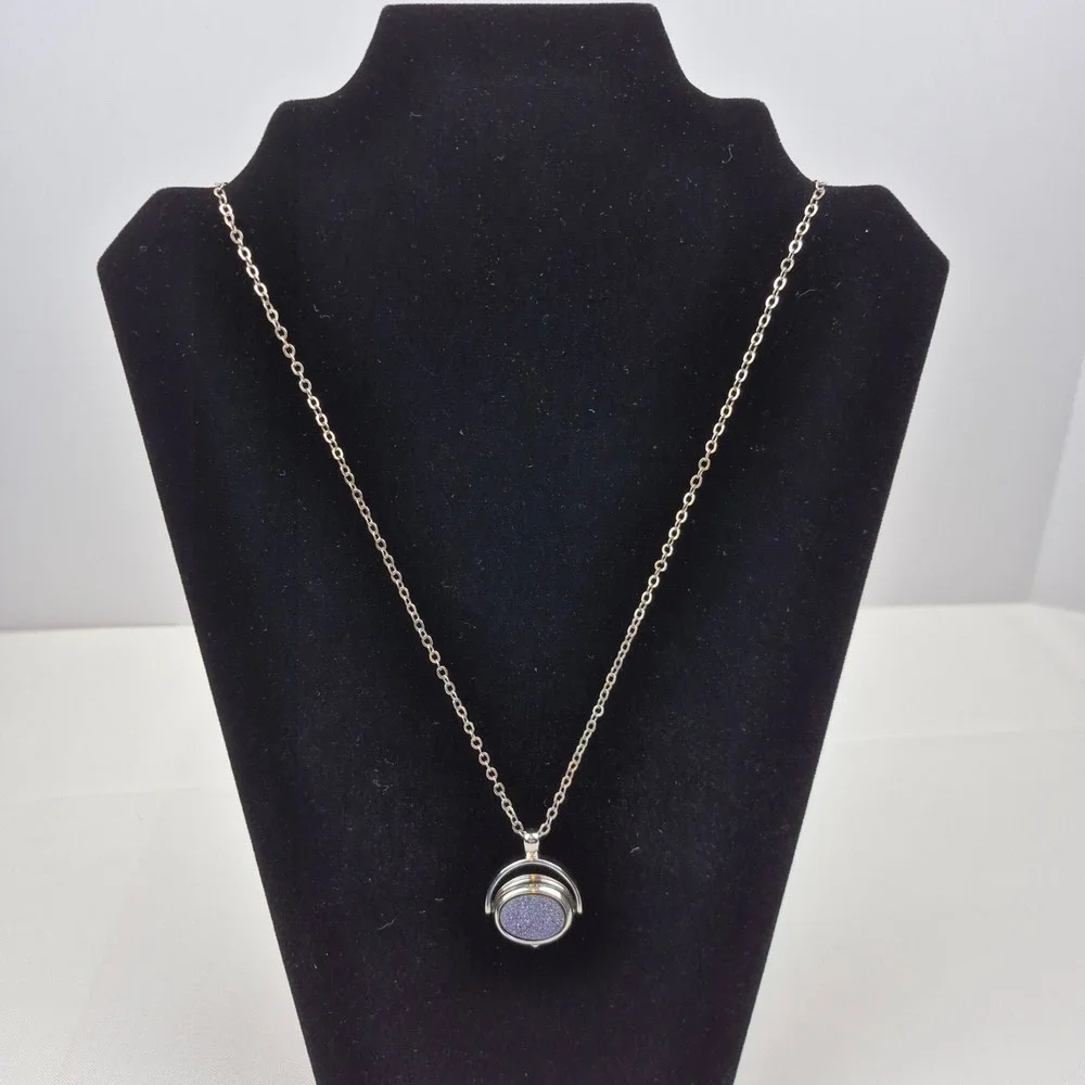 Vtg‎ Rotating Pendant Necklace Purple Druzy Glitter Watch Face Silver Tone 29